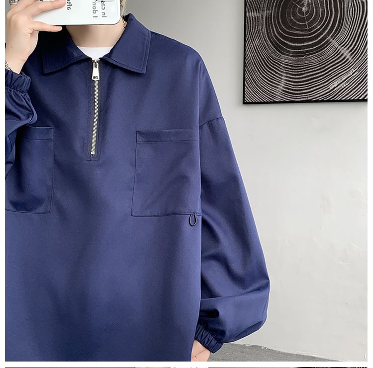 POSI - Sweatshirt met lange mouwen, effen polohals en halve rits