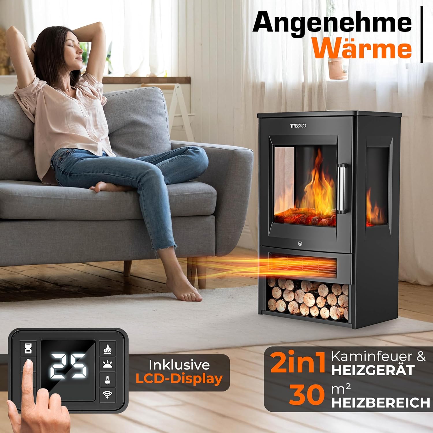 TRESKO® Elektrokamin mit Heizung inkl. Fernbedienung & WiFi App | Kamin elektrisch 1800W LED-Flammeneffekt Farbmodi | Kaminfeuer Thermostat, Timer | Elektro Kaminofen Standkamin 2 Heizstufen (Schwarz)