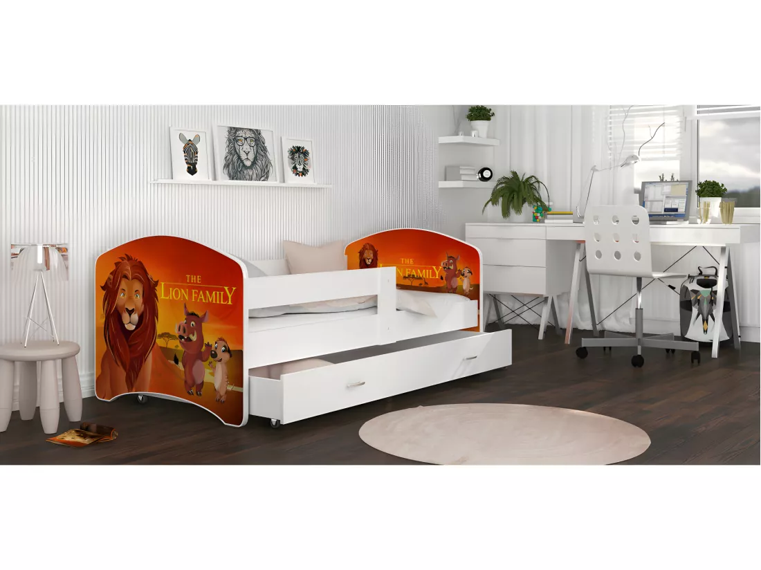 Lit Enfant Happy 80x160 Le Roi Lion Blanc Livré avec sommiers, tiroir et matelas en mousse de 7cm