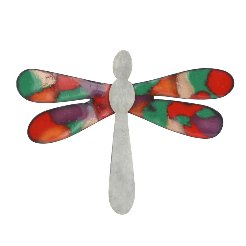 Broche Libellule Emaillée Orange Violet Rouge et Vert