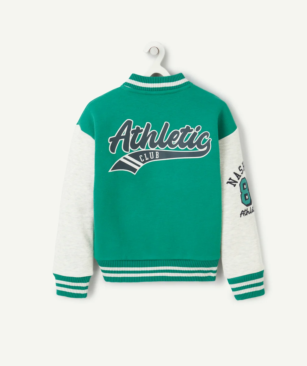 VESTE TEDDY GARÇON EN COTON BIO VERT ET GRIS THÈME CAMPUS