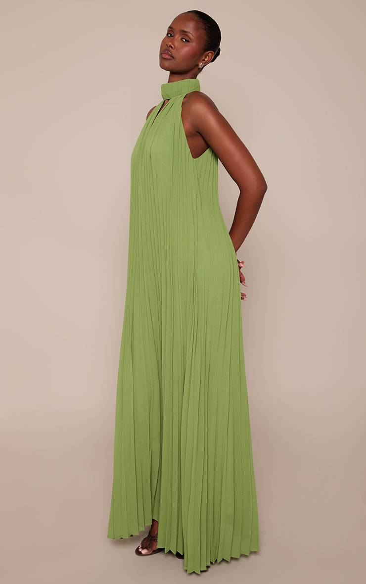 Lime Green Robe Maxi Plissée À Col Montant
