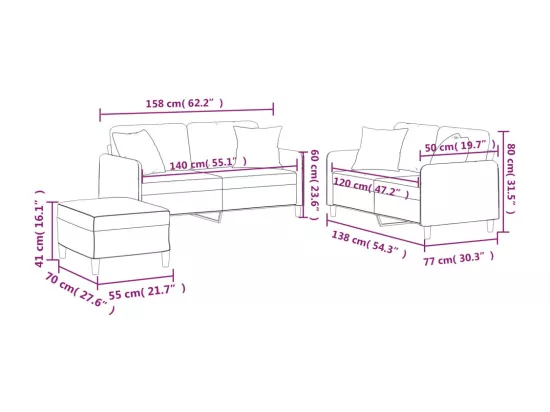 Ensemble de canapés 3 pcs avec coussins marron tissu