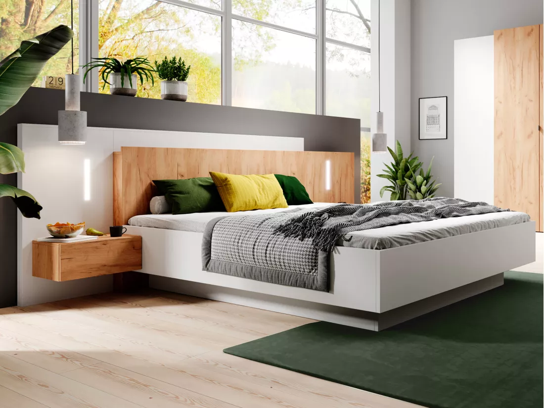 Lit coffre avec chevets 160 x 200 cm - 2 tiroirs - Avec LEDs - Coloris : Blanc et naturel + Matelas - FRANCOLI
