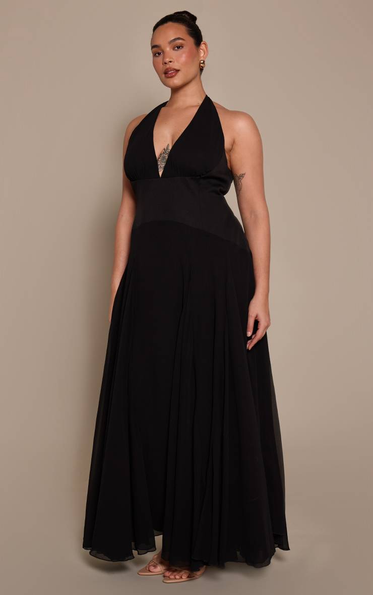 Noir Robe Maxi En Mousseline À Col Licou Grande Taille