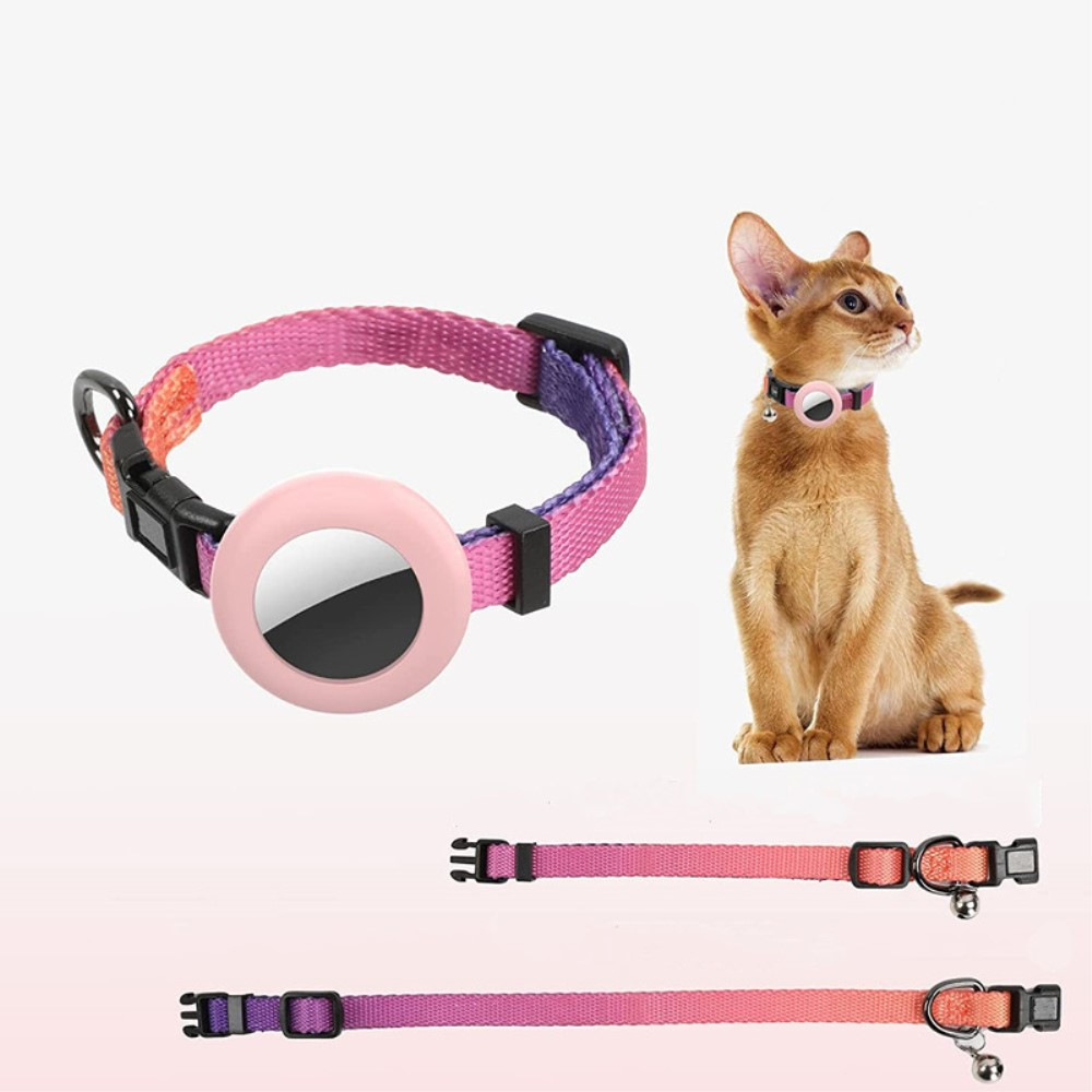 Katzen Rainbow Halsband mit Apple AirTag Silikon Halterung   Glöckchen - Rosa / Lila