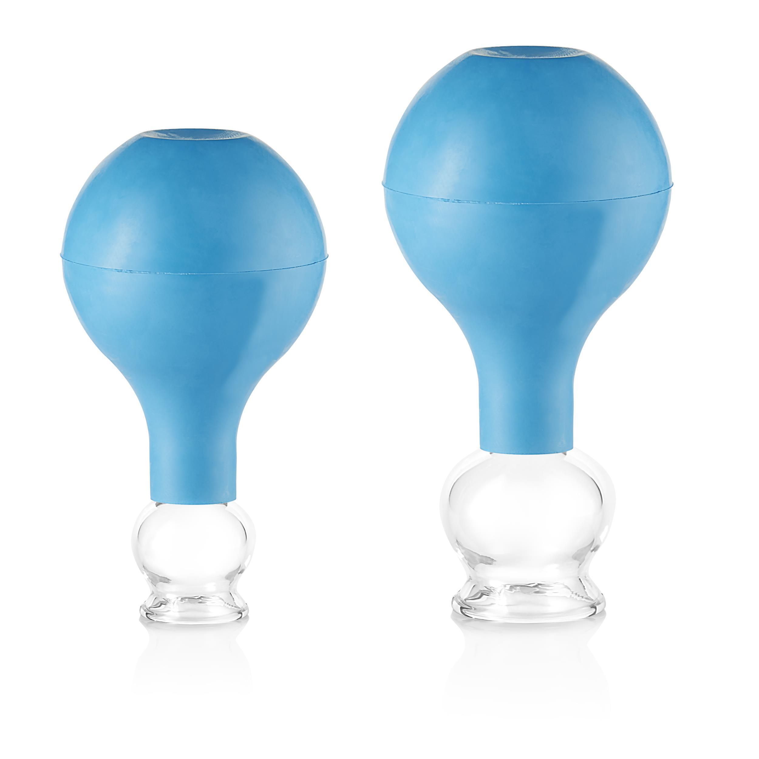 Pulox Schröpfgläser aus Echtglas mit Saugball - Set Duo klein in Blau: 25mm, 32mm