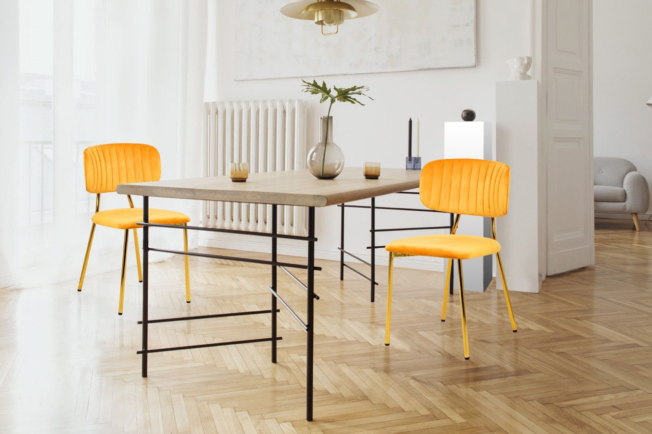 Kayoom Polsterstuhl »Stuhl Giselle 125 2er-Set, pflegeleichter Samtbezug« (Set) 2 Stk.mit Armlehnen, goldenes Gestell aus Edelstahl, Samtbezug, Ziernähte