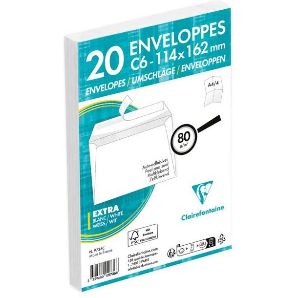 Paquet de 20 Enveloppes Blanches C6-114x162mm - Auto-Adhésives - 80g/m2 - Blanc