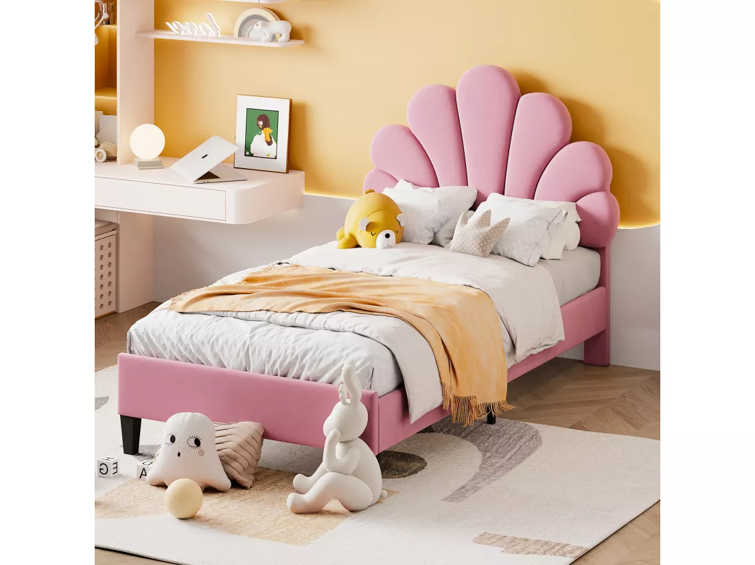 Lit coquillage avec tête de lit 90 x 200 cm en velours, sommier à lattes inclus, rose