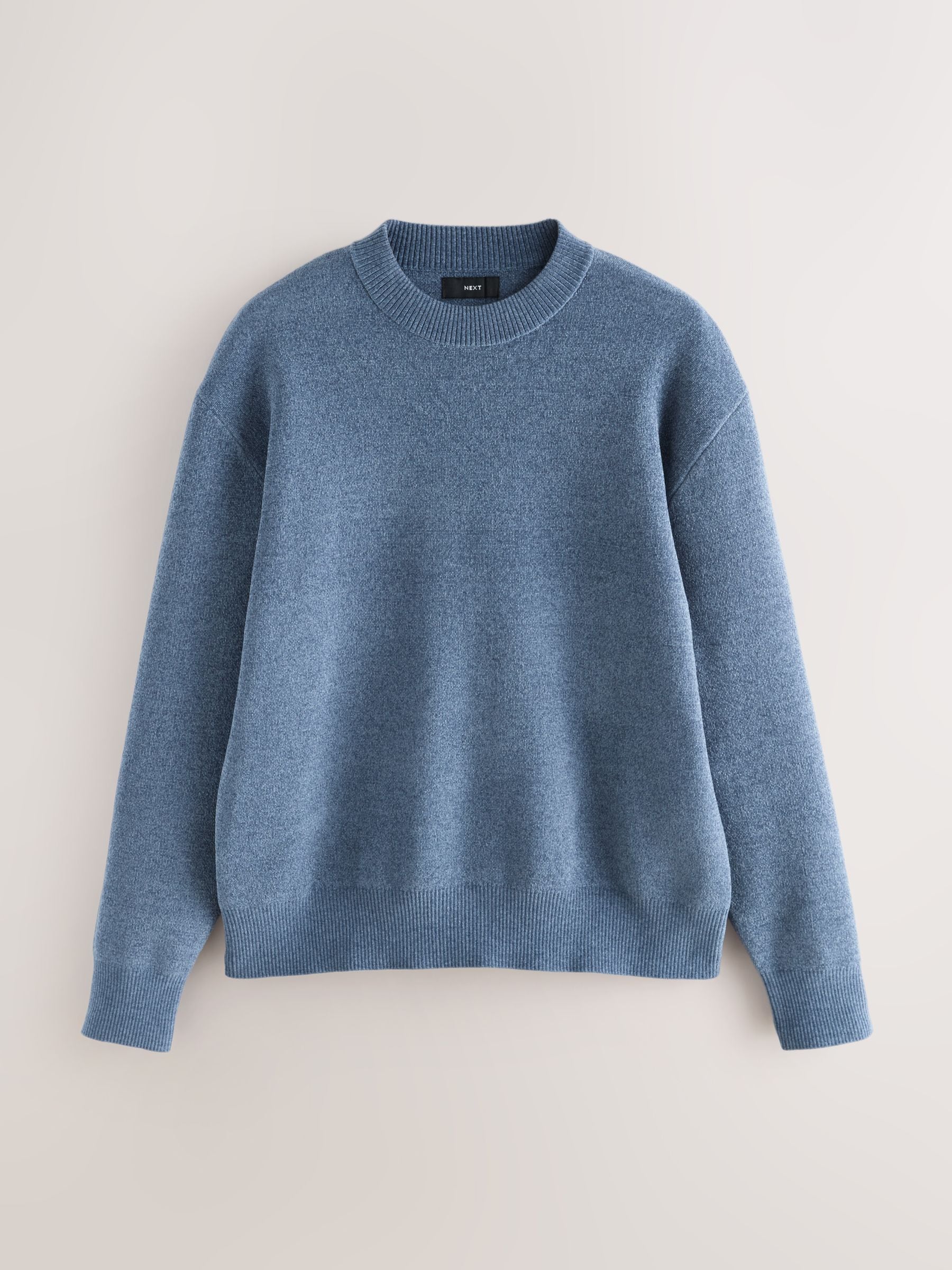 Blauw - Relaxed Fit Plain Chenille Crew Neck Jumper