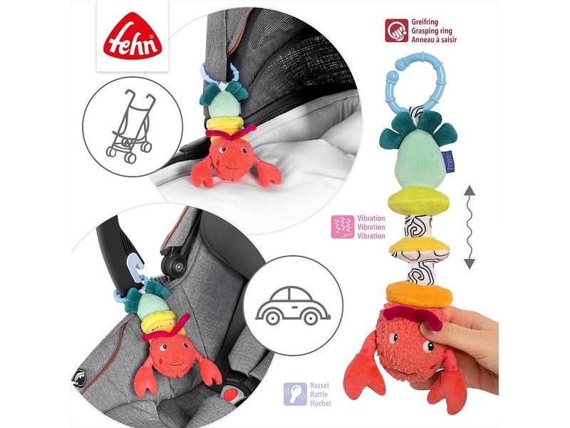 fehn Hummer mit Vibration Mehrfarbig Motorikspielzeug zum Aufhängen für Kinderwagen, Kinderbett und Babyschale