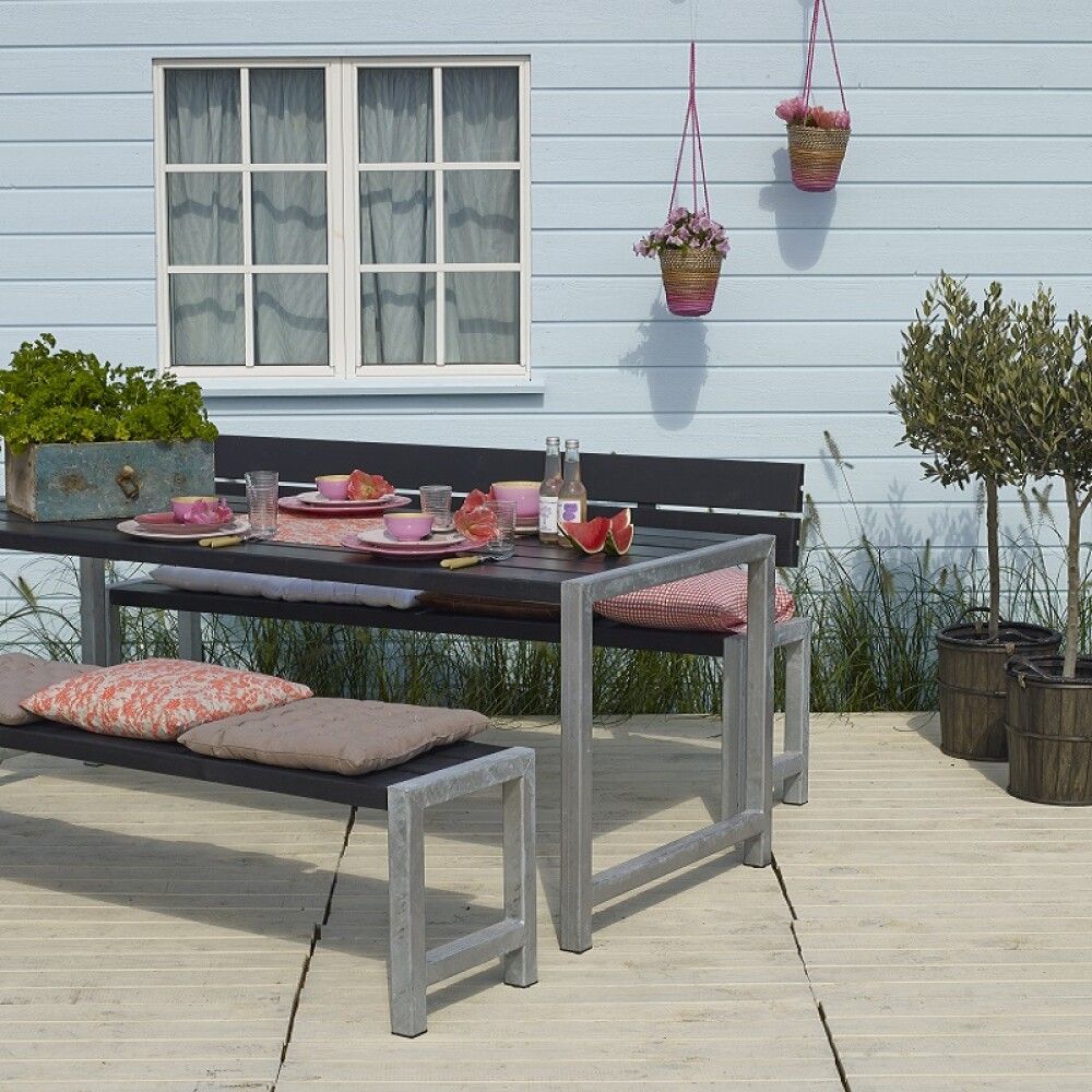 BENKESETT PLUS BORD/2 BENKER/1 RYGGSTØTTE 186CM SVART