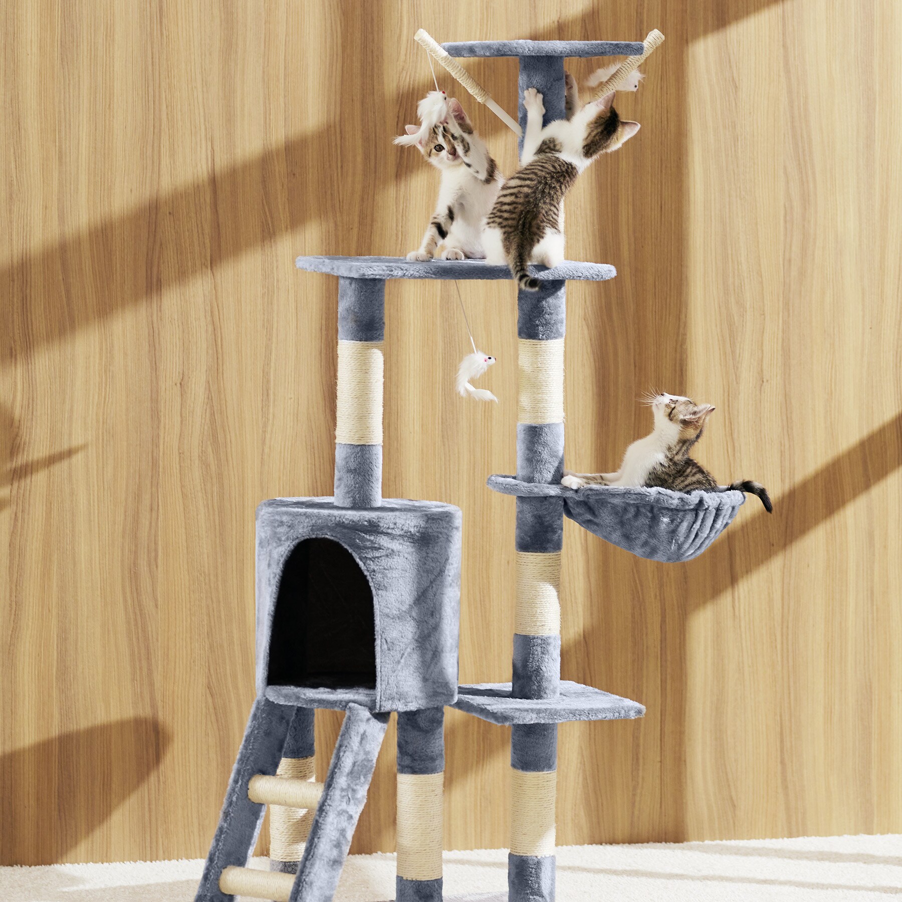 tectake® Kratzbaum, 144 cm, mit Katzenhaus, inklusive Treppe, 3 Spielmäusen und Kippschutz