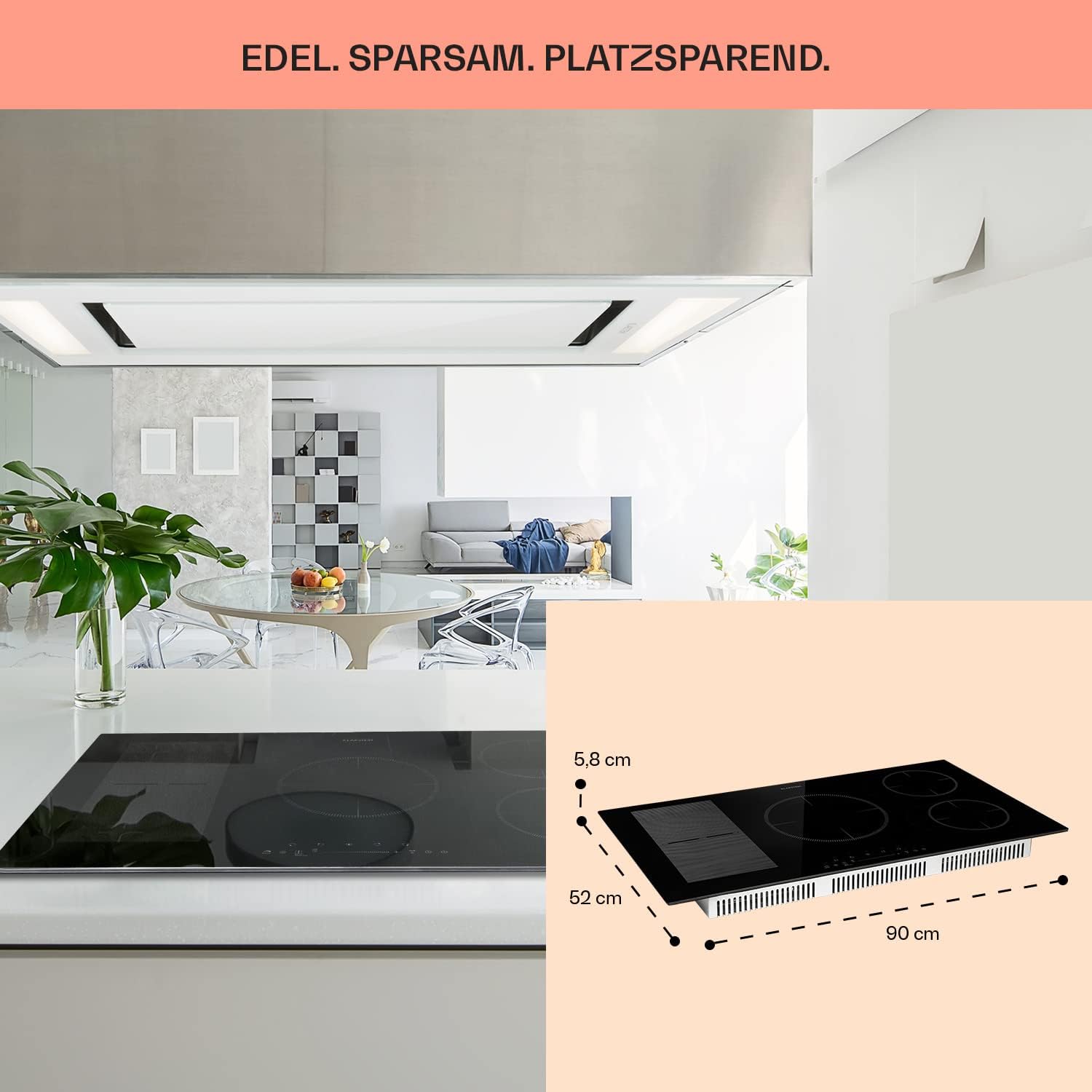 Klarstein, Glaskeramik Kochfeld, mit 5 Platten, Einbau-Induktionskochfeld mit Touch-Display, Digitalanzeige und Timer-Funktion, Schnelles Aufheizen, 9000 Watt