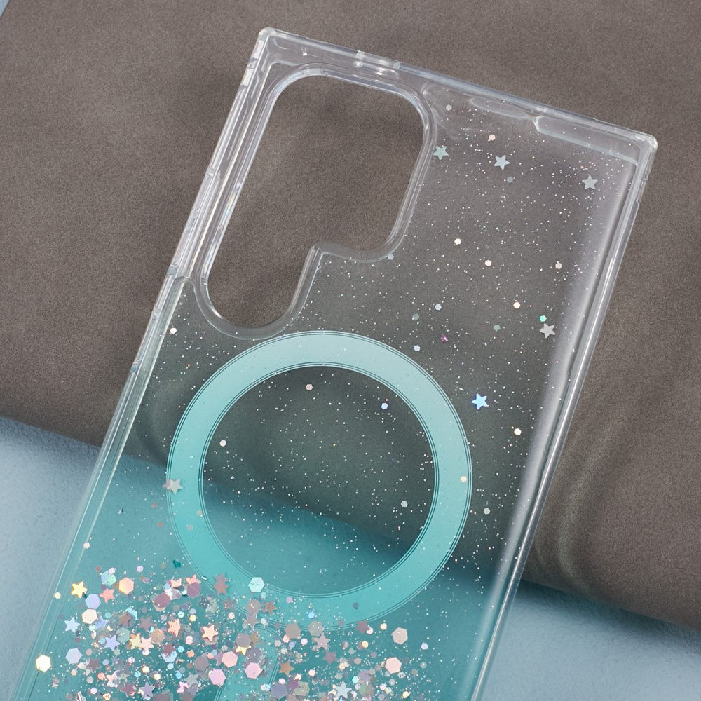 Samsung Galaxy S24 Ultra Hülle mit Acryl Rückseite und Farbverlauf im Glitzer Design MagSafe-Modul - Türkis