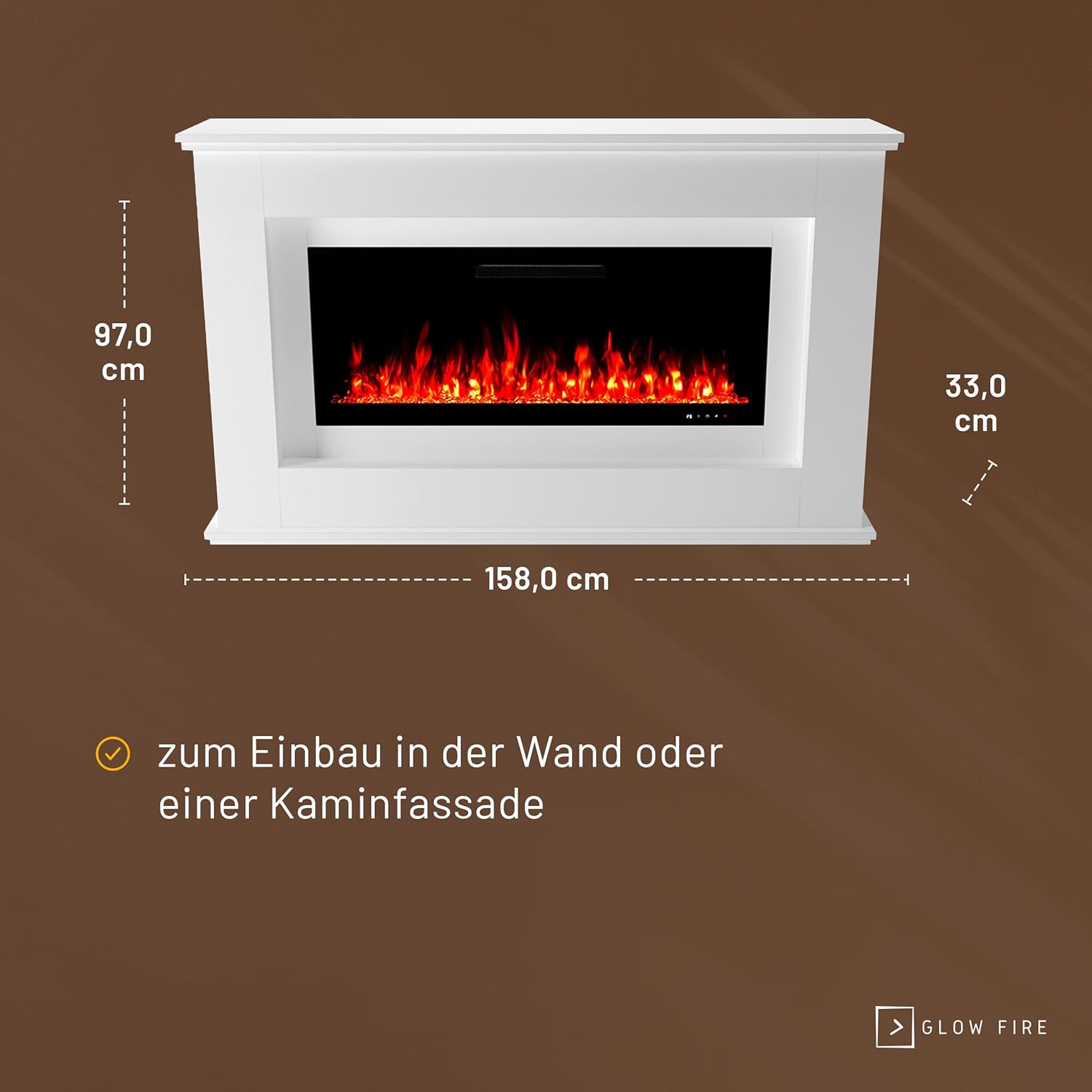 GLOW FIRE Elektrokamin mit Heizung und Kaminfeuer (Standkamin Rhea) - elektrischer Kamin mit LED-Feuer in 5 Farben, Heizlüfter, Deko & Fernbedienung - 158x97x33 cm, Weiß
