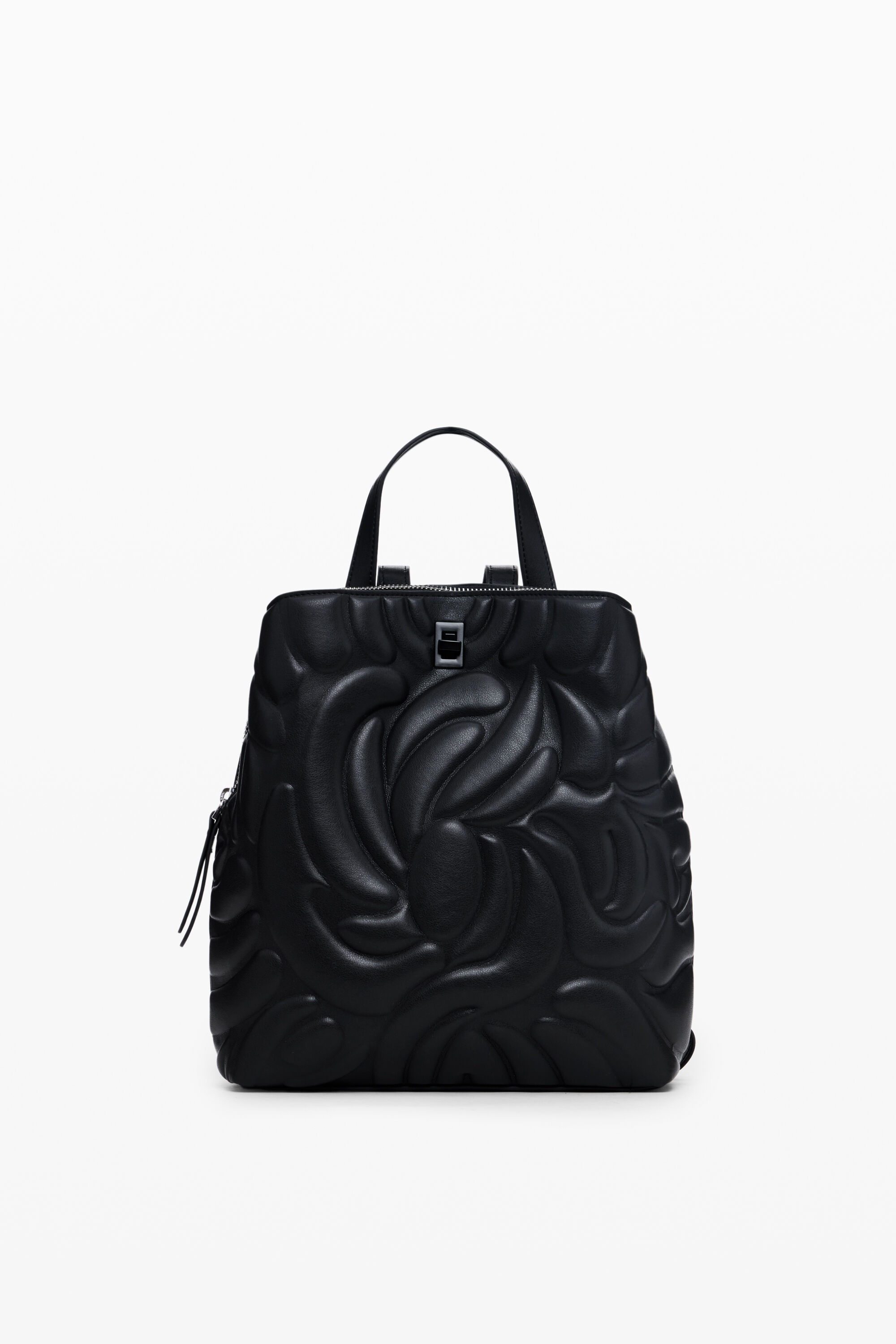 Mini mochila com estampa floral geométrica.