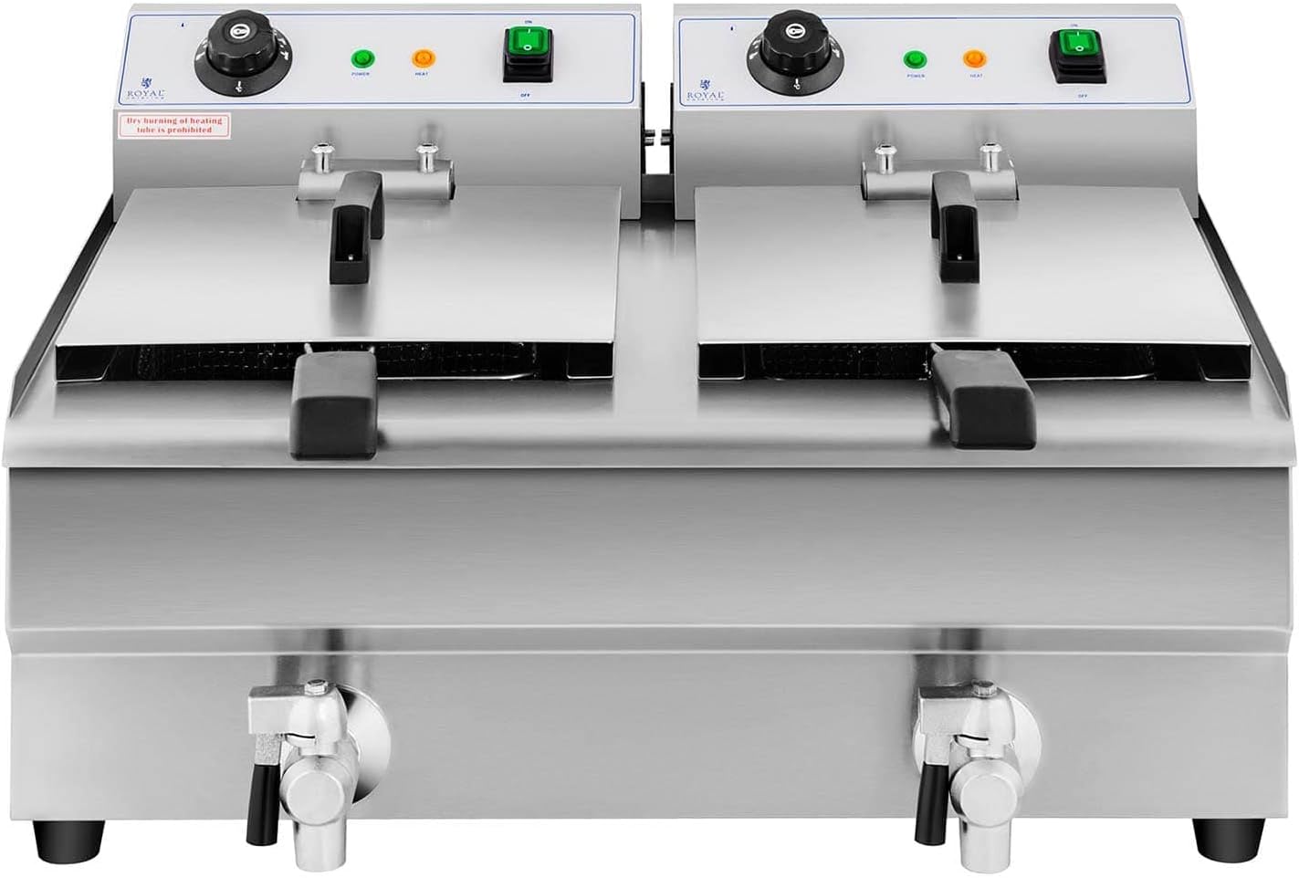 Royal Catering Elektro-Doppel-Fritteuse Edelstahl Doppel-Fritteuse (2 x 3200 W, Kapazität: 2 x 13 l, Temperaturbereich: 50-200 °C, Kaltzone, mit Ablasshähnen)