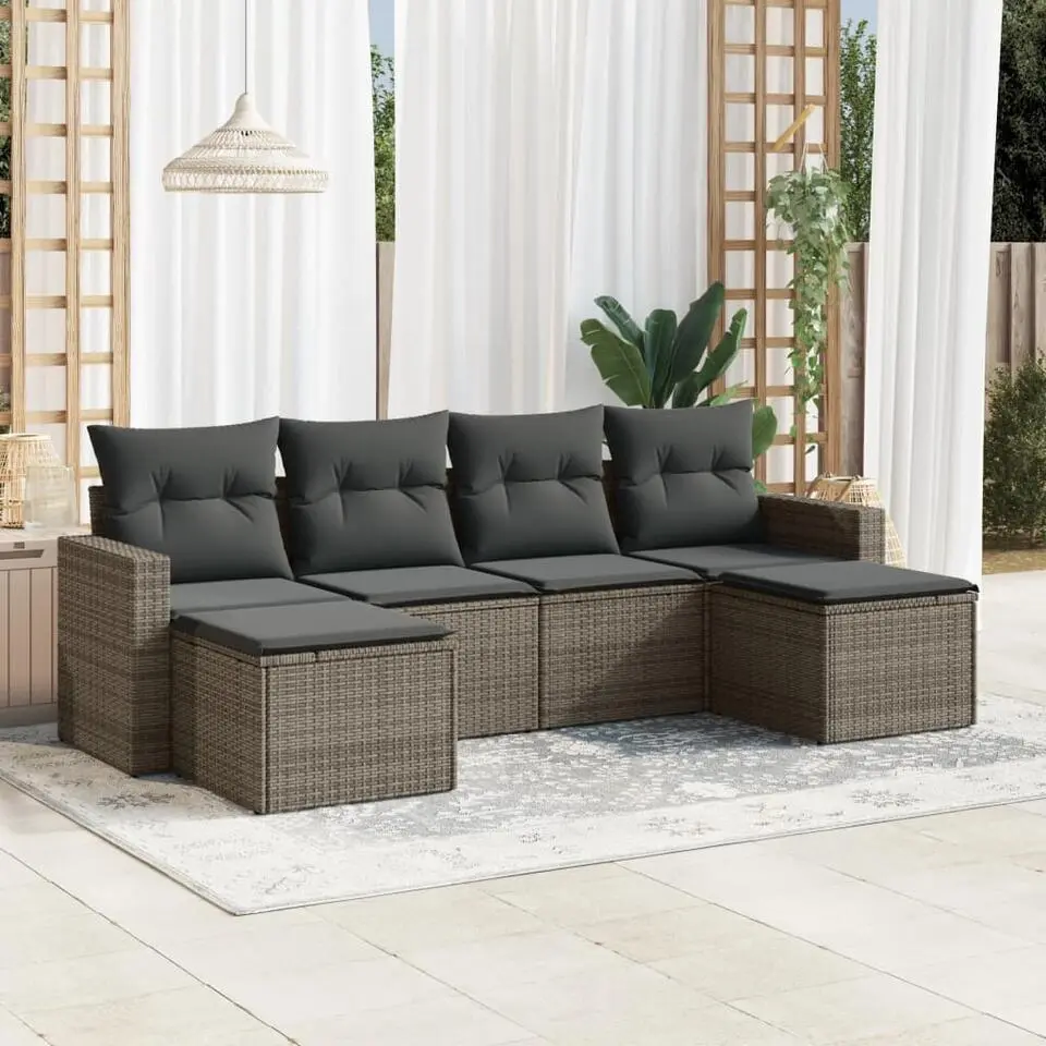 vidaXL Loungeset met kussens en 2 krukken - Grijs - Poly rattan - 6 stuks