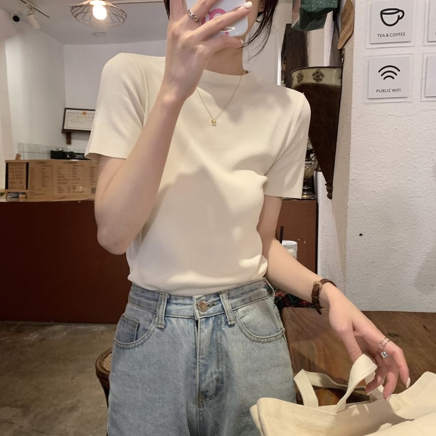 Shinsei - T-shirt met korte mouwen en mockneck, effen