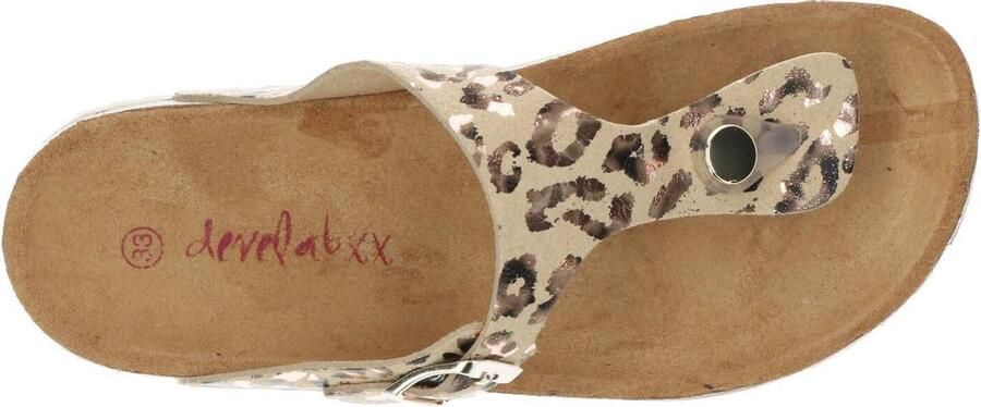 Develab 48202 leren teenslippers met panterprint beige goud