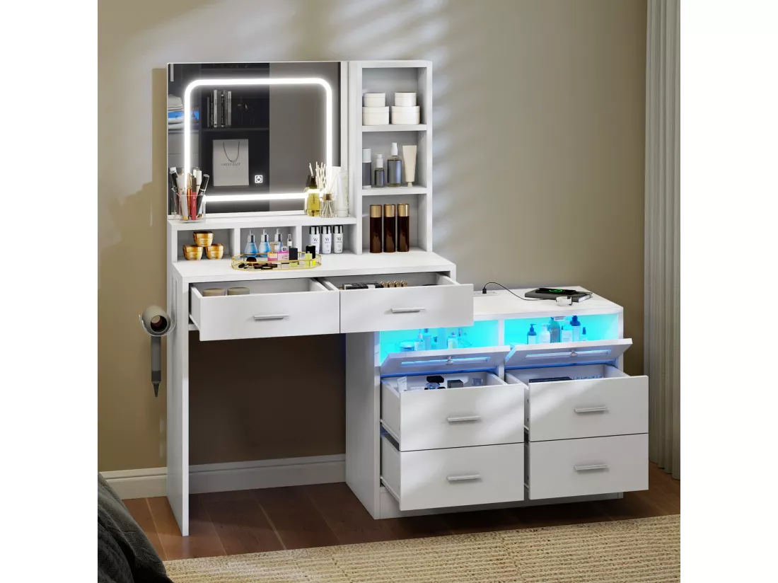 YITAHOME Coiffeuse avec Miroir et Éclairage - Commode Réversiblem avec 6 tiroirs - Luminosité Réglable - avec USB et prise RVB - Blanc