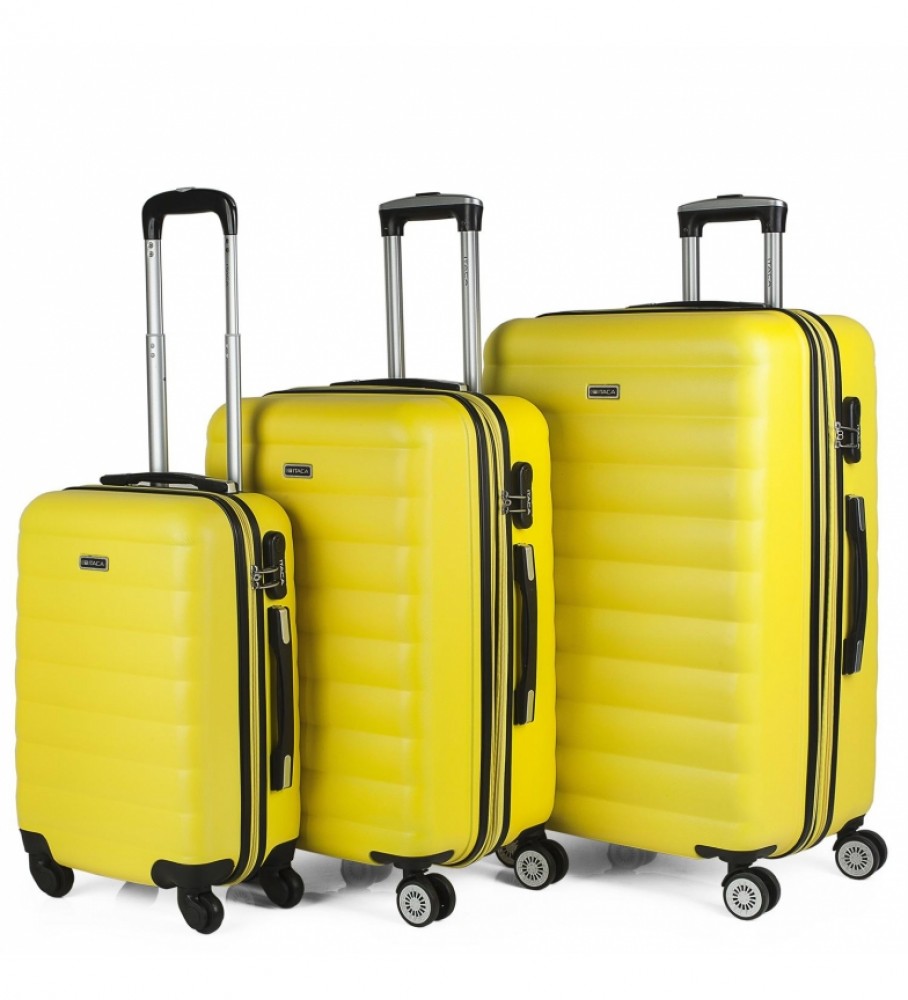Conjunto de malas rígidas de viagem ITACA com 4 rodas, modelo 71200, cor amarela - 55 x 65 x 75 cm -