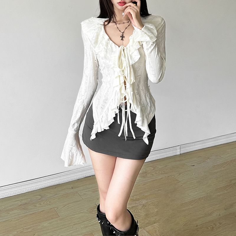Sugarcoat - Blouse met lange mouwen, V-hals en ruches en kant