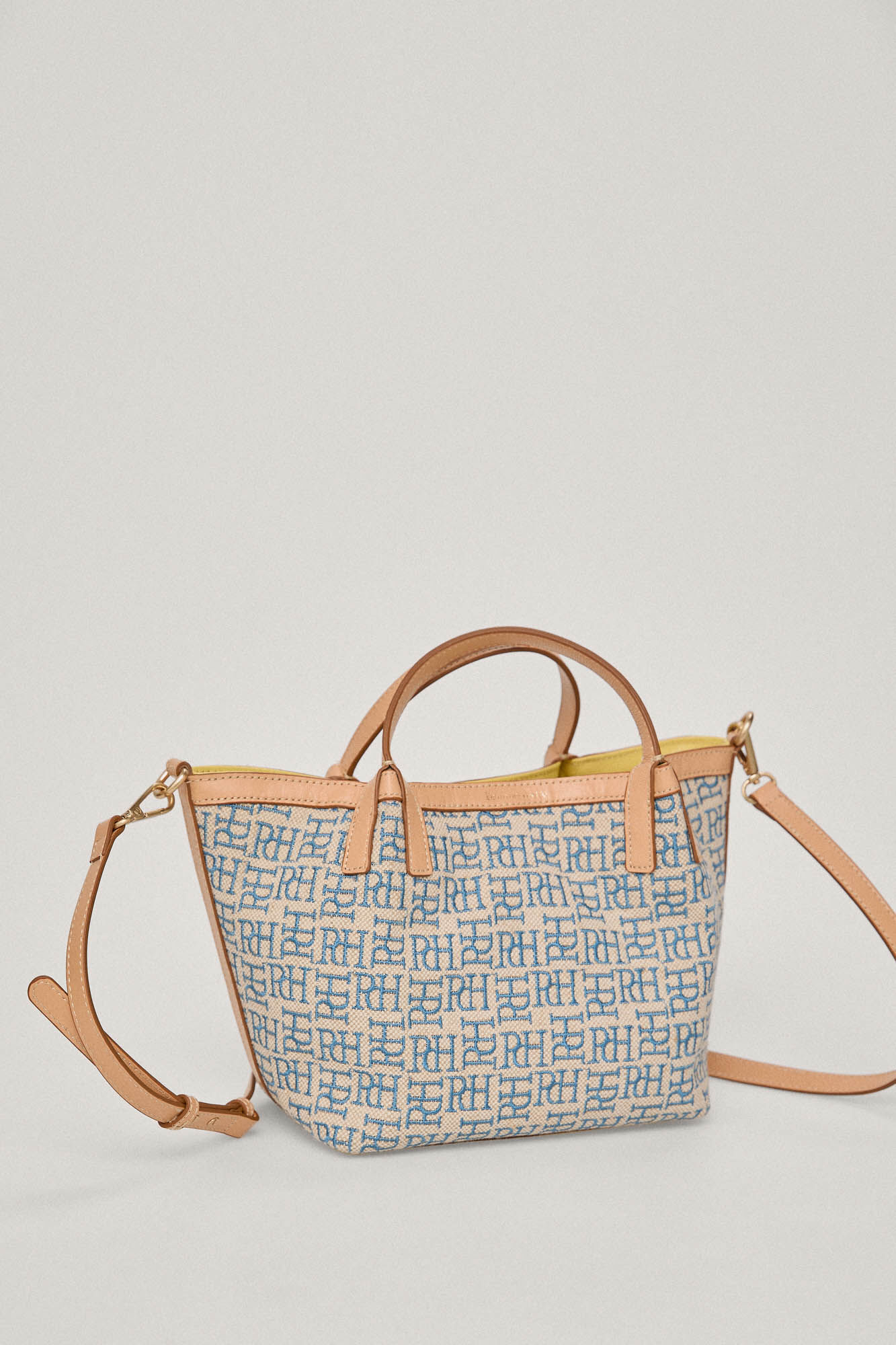 Mini bolsa shopper em jacquard com logo e detalhes em couro - Turquesa