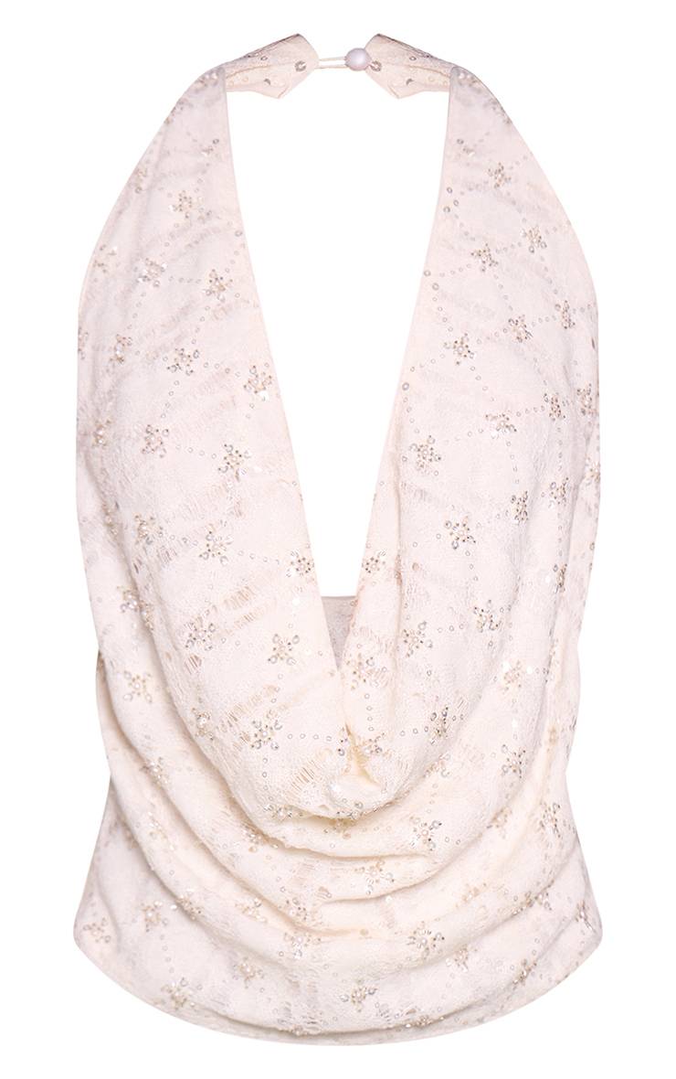Crème Haut Long À Col Bénitier Brodé Avec Détails De Sequins