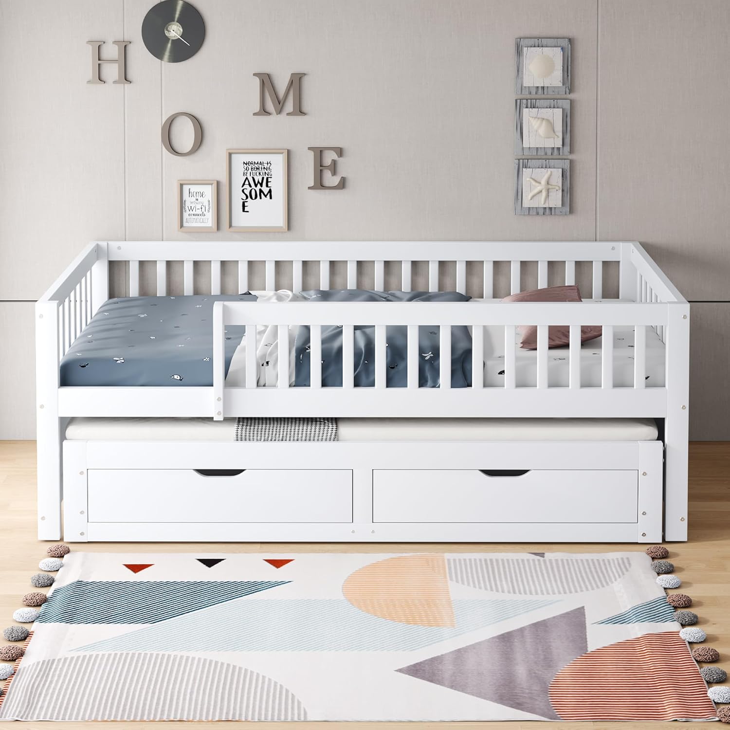 Kinderbett 90x200 Massivholz Schlafsofa mit Ausziehbett & Schubladen, Multifunktionsbett Tagesbett Gästebett Stauraumbett Jugendbett Bettgestell mit Rausfallschutz und Lattenrost, ohne Matratze, Weiß