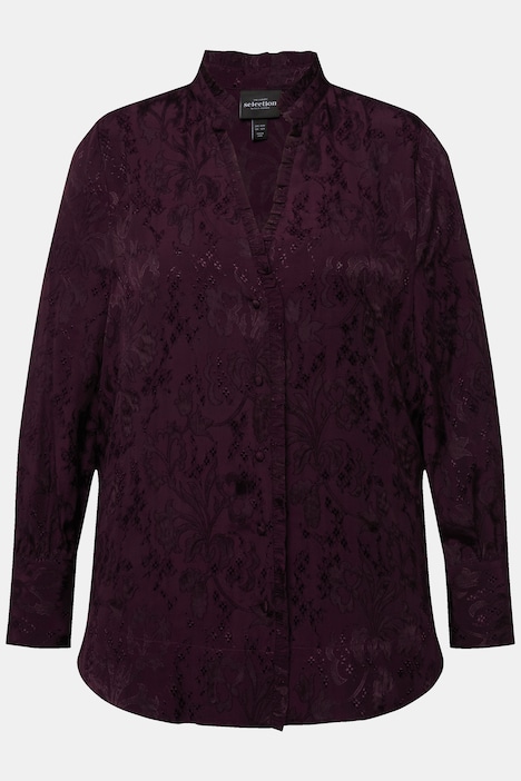 Bluse, Jacquard, Rüschen, V-Ausschnitt, Langarm