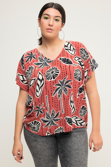 Blusenshirt, oversized, Palmen Print, V-Ausschnitt
