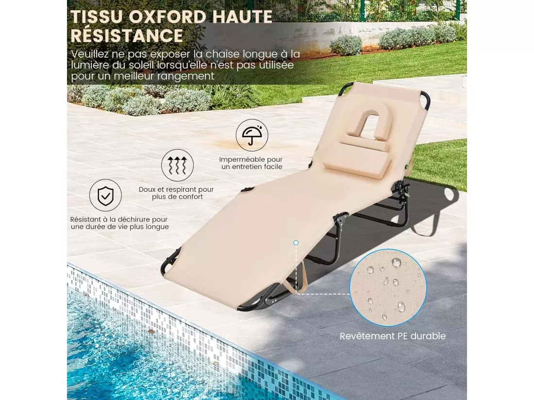 Chaise Longue Pliante Réglable à 5 Positions avec Trou pour Visage, Bain de Soleil en Tissu et velours Oxford 3 Coussins Amovibles Charge 160KG, pour Piscine Plage Cour CamBoisg (Beige)