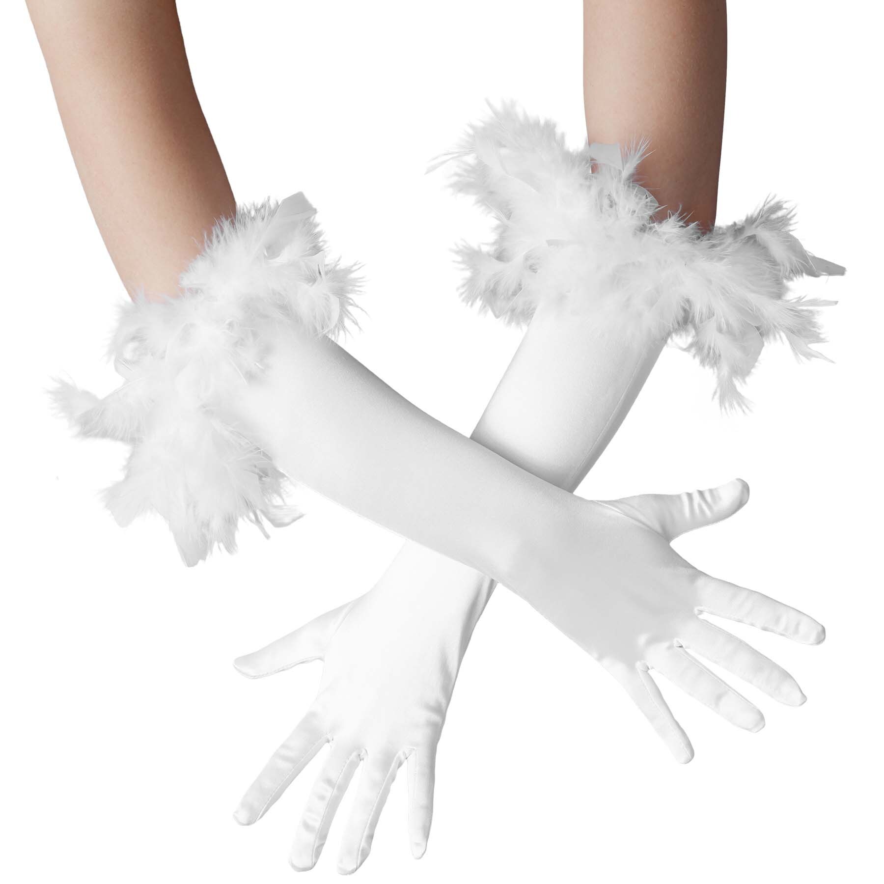 tectake® Lange Satin-Handschuhe mit Federn