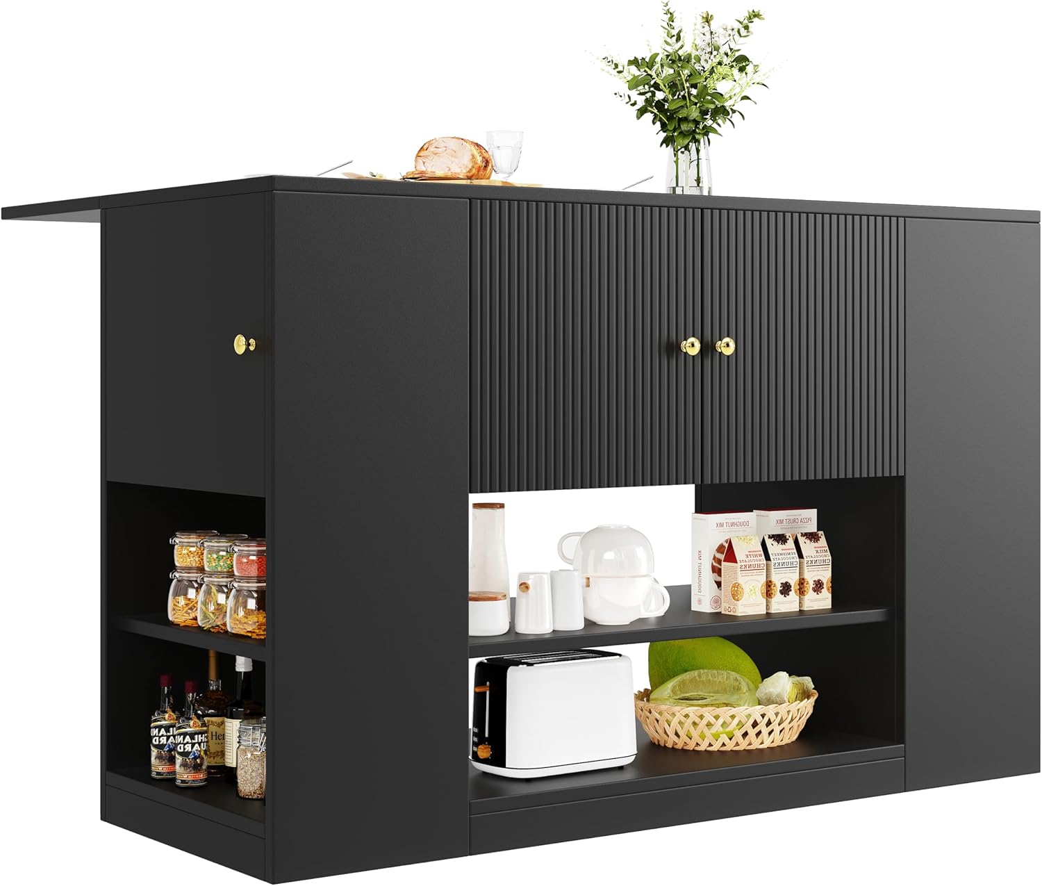 Küchenzeile mit Esstisch-Funktion, Moderne Insel mit Schubladen und Aufbewahrung, Klappbarer Küchenschrank für kleine Küchen, 140x40x90 cm,Schwarz