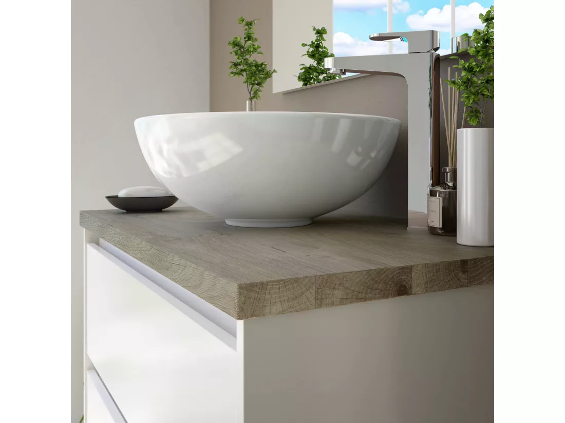 Meuble sous-vasque Berkeley, Meuble de salle de bain avec 2 portes et 1 tiroir, Meuble de sol, lavabo non inclus, 78,5x46h80 cm, Blanc brillant et Orme