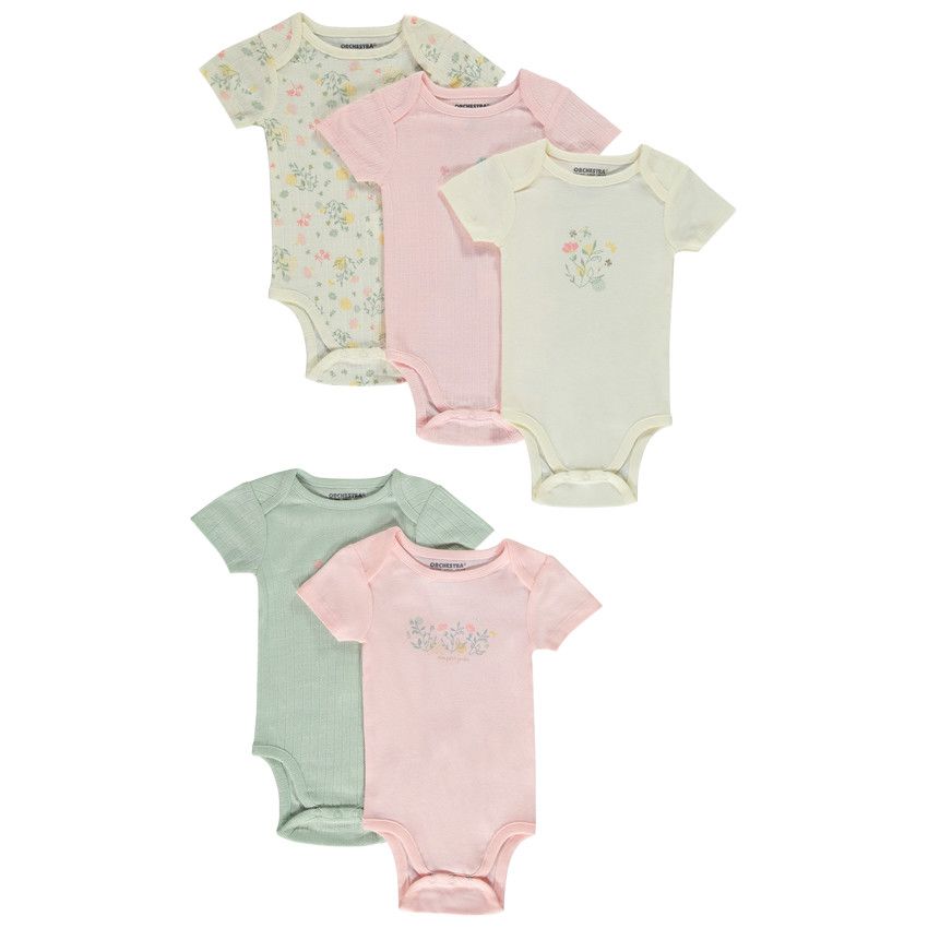 Lot de 5 bodies manches courtes motifs floraux pour bébé fille - Vert
