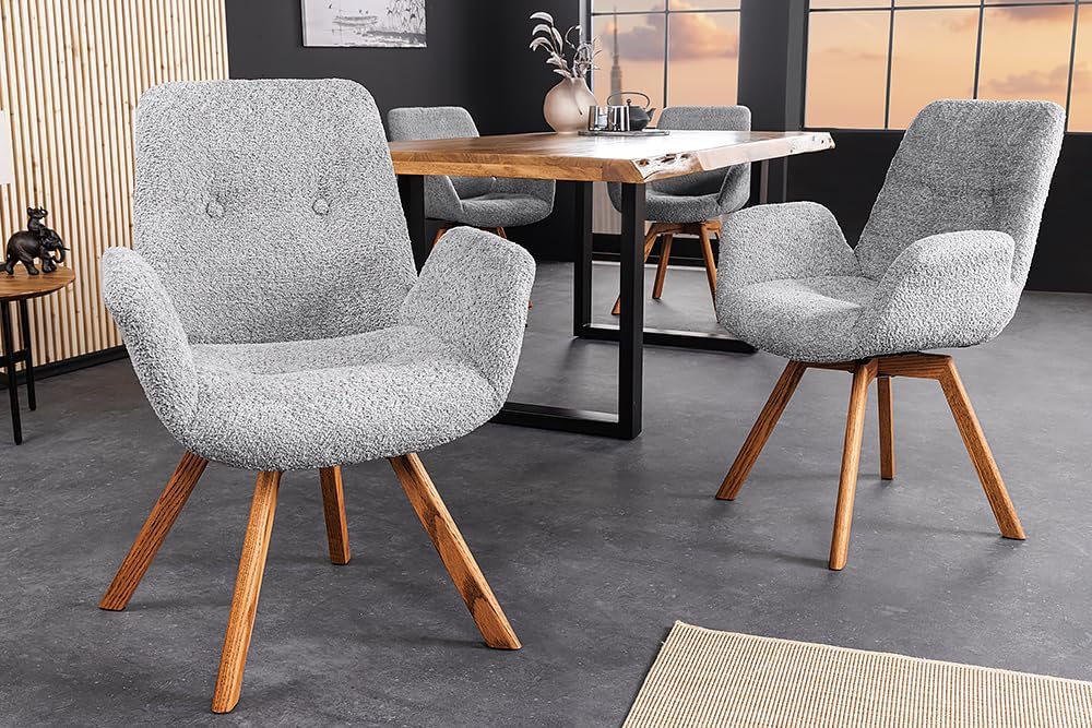 Riess Ambiente Drehbarer Stuhl Baltic - grau Natur - Bouclé Stoff Eiche Massivholz - Esszimmerstuhl mit Armlehne Schaumstoff-Polsterung