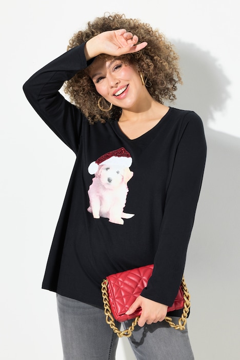 Weihnachtsshirt, Welpe, A-Linie, V-Ausschnitt, Langarm