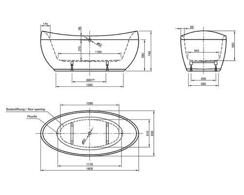 Ovaal bad OTTOFOND Pessoa 83,5 x 180 cm wit glad 863801