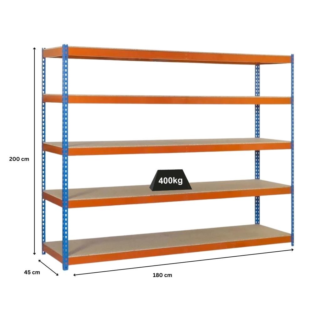 PROREGAL Heavy-Duty Stellingkast Big Wood Yeti Five HxBxD 200 x 180 x 45 cm Plankdraagvermogen 400 kg Blauw-Oranje
