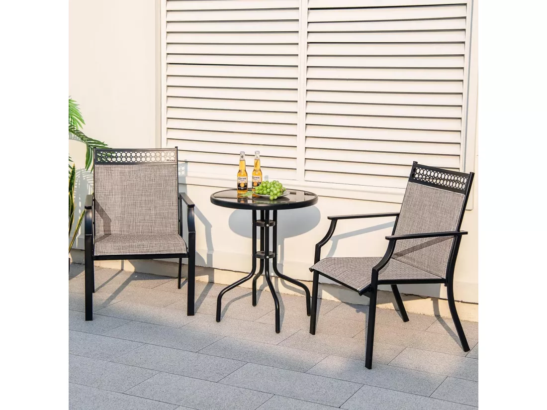 Lot de 2 Chaises de Jardin avec Cadre en Métal, Chaises à Dossier Haut en Teslin à Séchage Rapide, Fauteuil d'Extérieur pour Toutes Saisons, Charge 150 KG, pour Cour, Balcon, Piscine (Café)