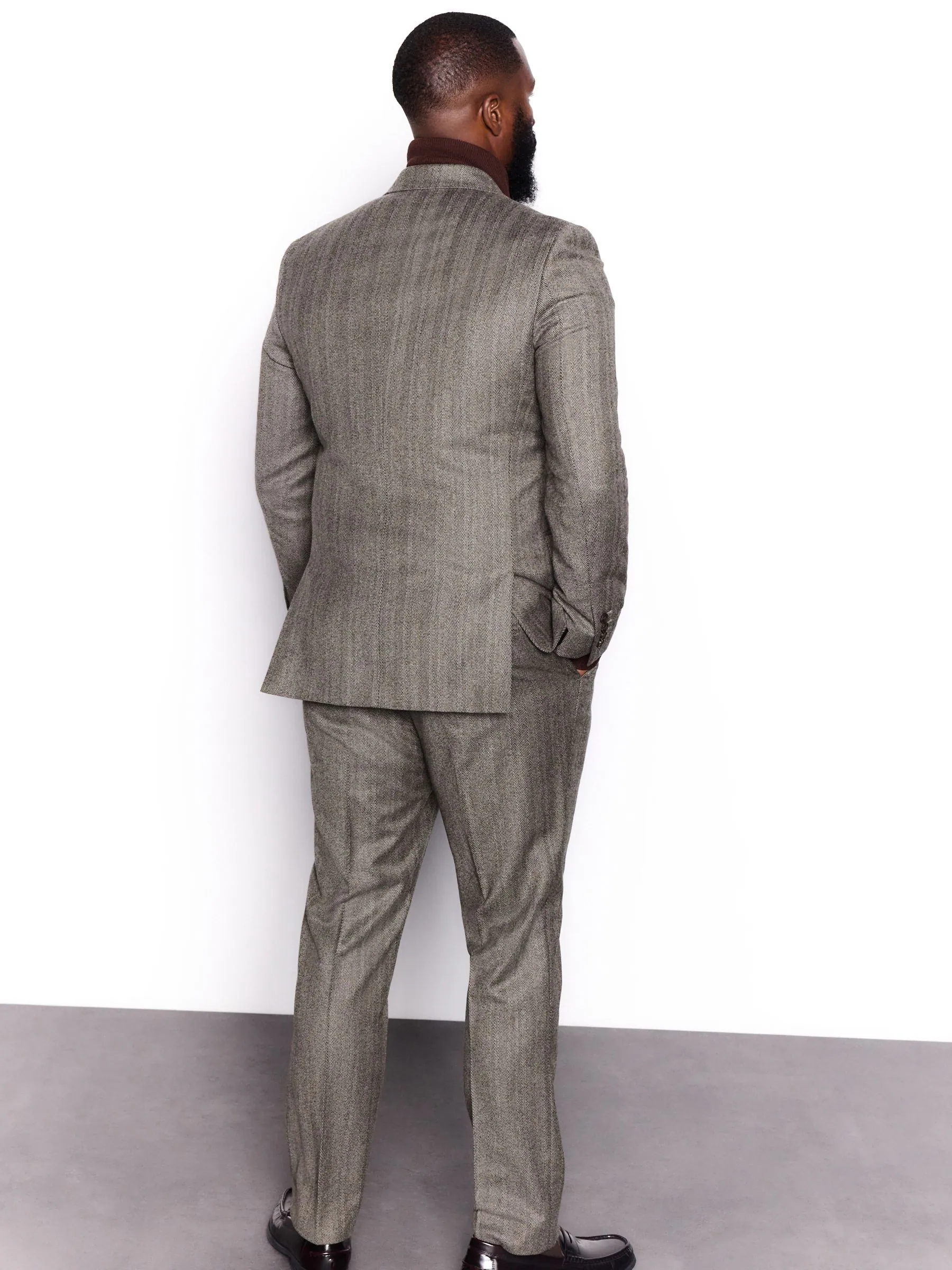 Taupe bruin - Double Breasted Signature Marzotto 100% Italian Wool Herringbone Suit Jacket
