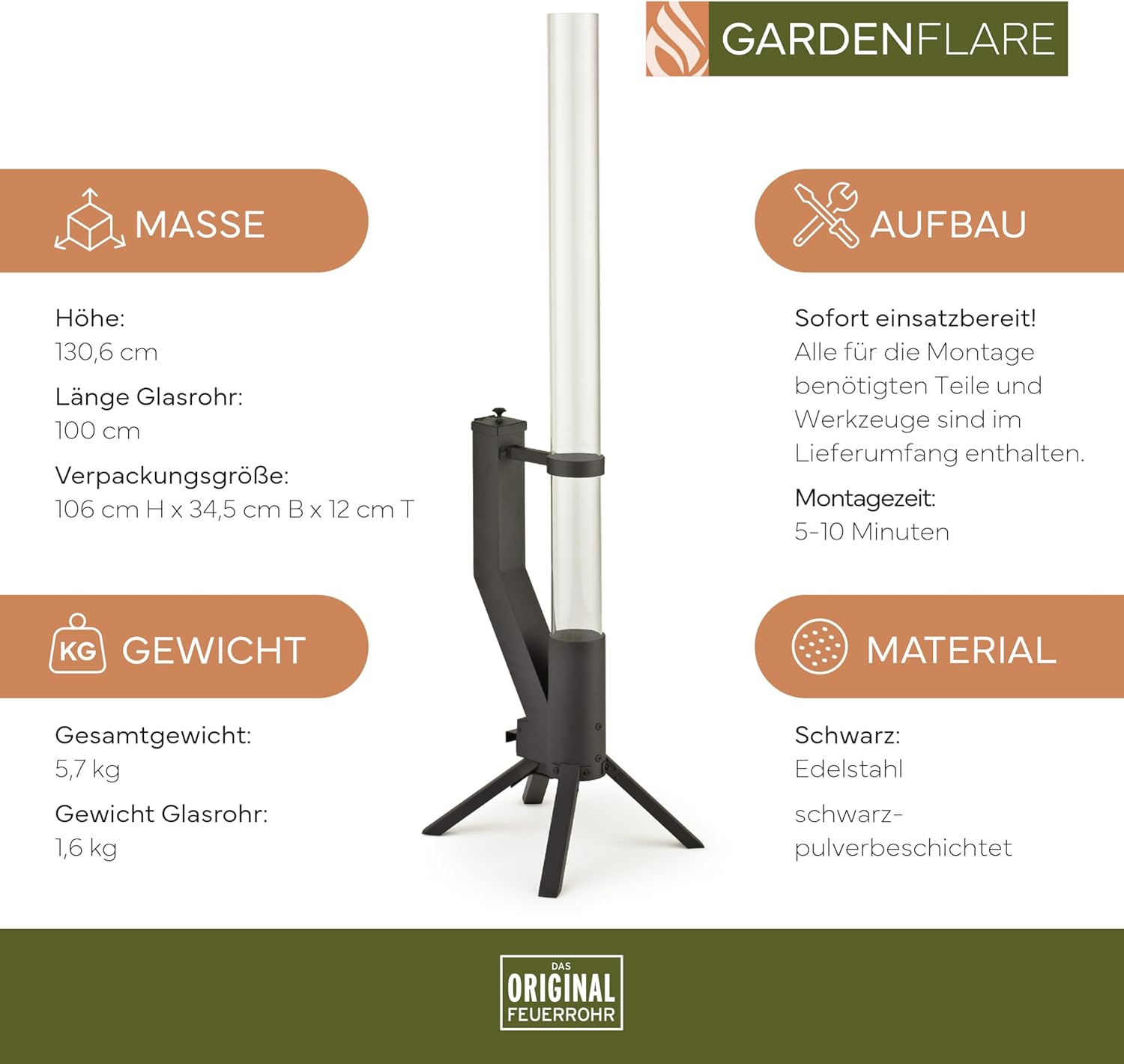 Feuerrohr Klassik – Edelstahl Feuersäule und Pelletfackel für Tolles Ambiente-Feuer – Terrassenheizer und Gartenkamin Alternative für Deine Terrasse und Garten (Schwarz Pulverbeschichtet)