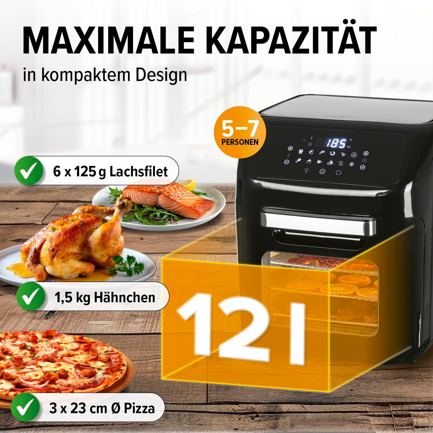 MAXXMEE Heißluft-Fritteuse Digital | Heißluftfritteuse XXL 12L bis zu 1,8kg Pommes | 3in1 Heißluftofen, Grill und Fritteuse | Fett- und geruchsarme Zubereitung mit Heißluft-Zirkulation [schwarz]