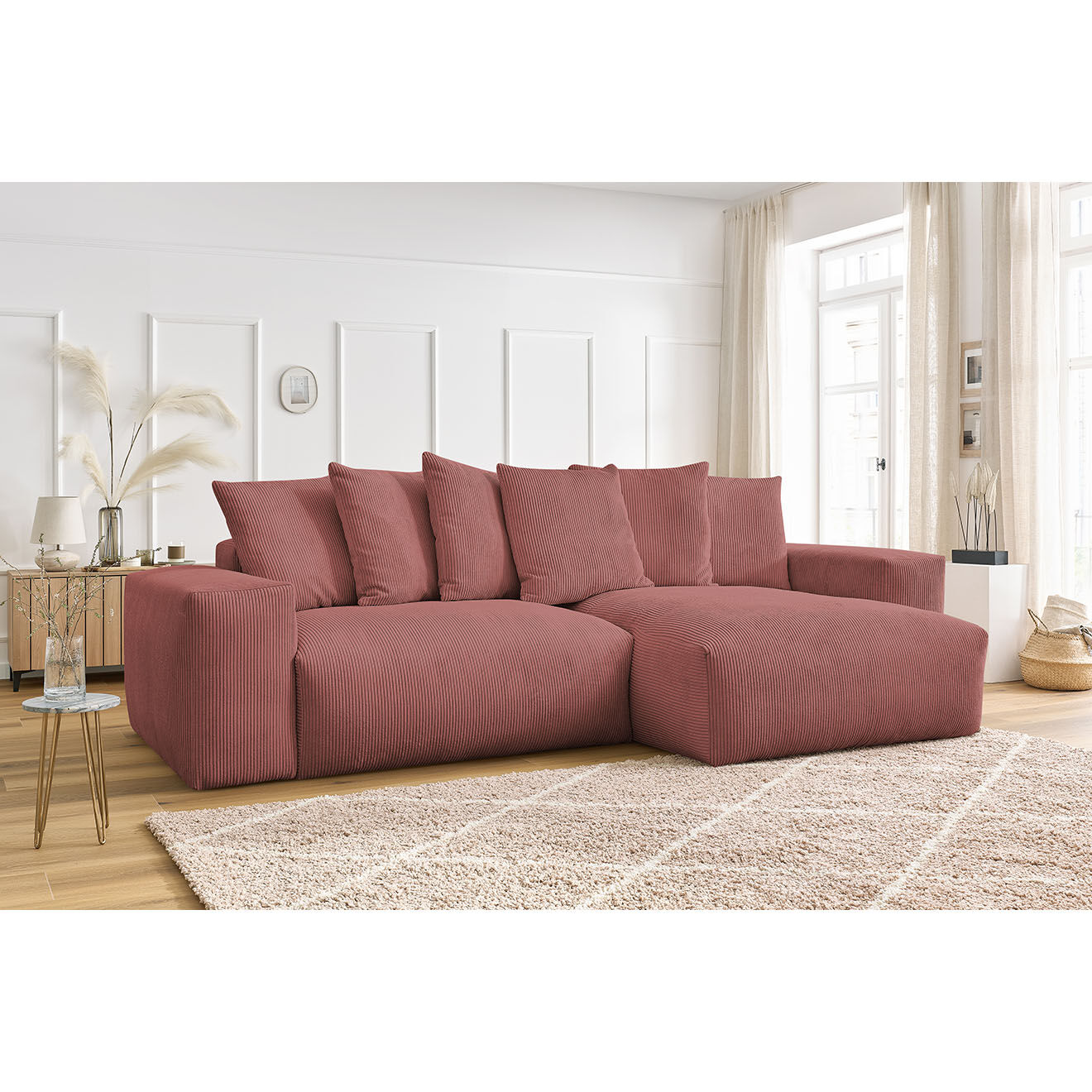 Bobochic Canapé d'angle réversible ultra moelleux voltaire velours côtelé rose - 310x174x75 cm