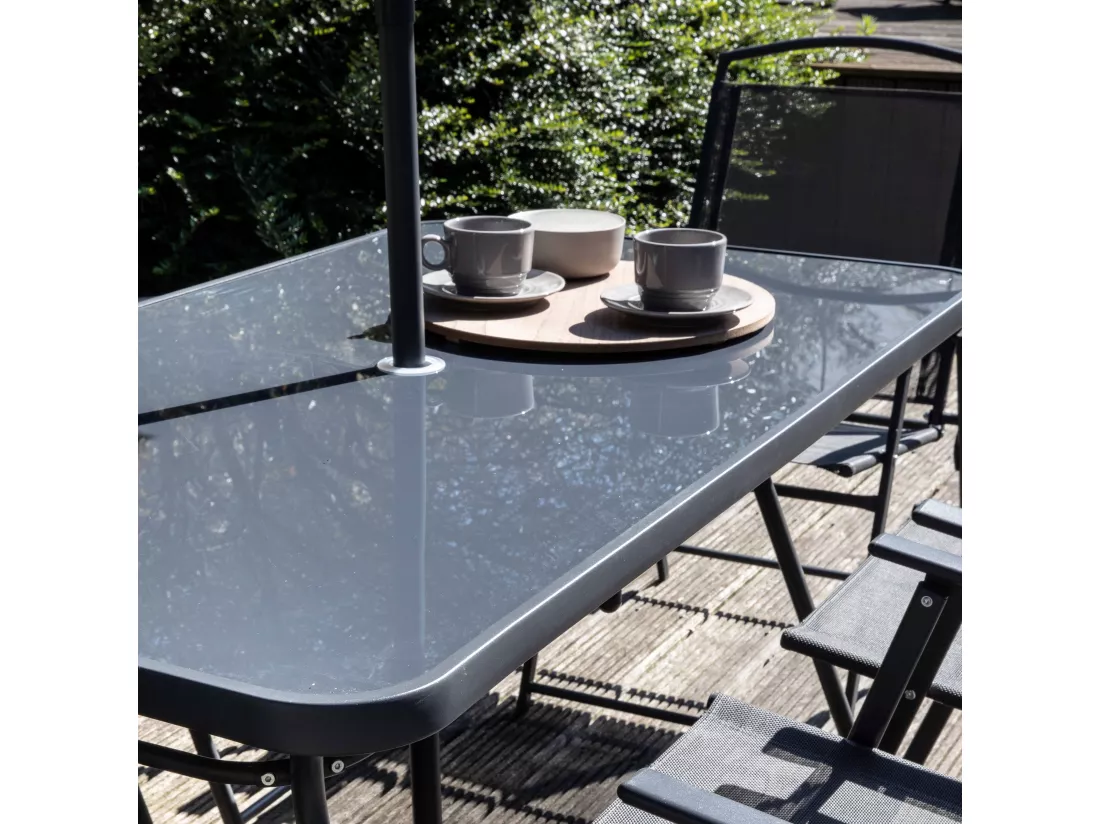 Salon de jardin table et 6 chaises pliantes avec parasol central