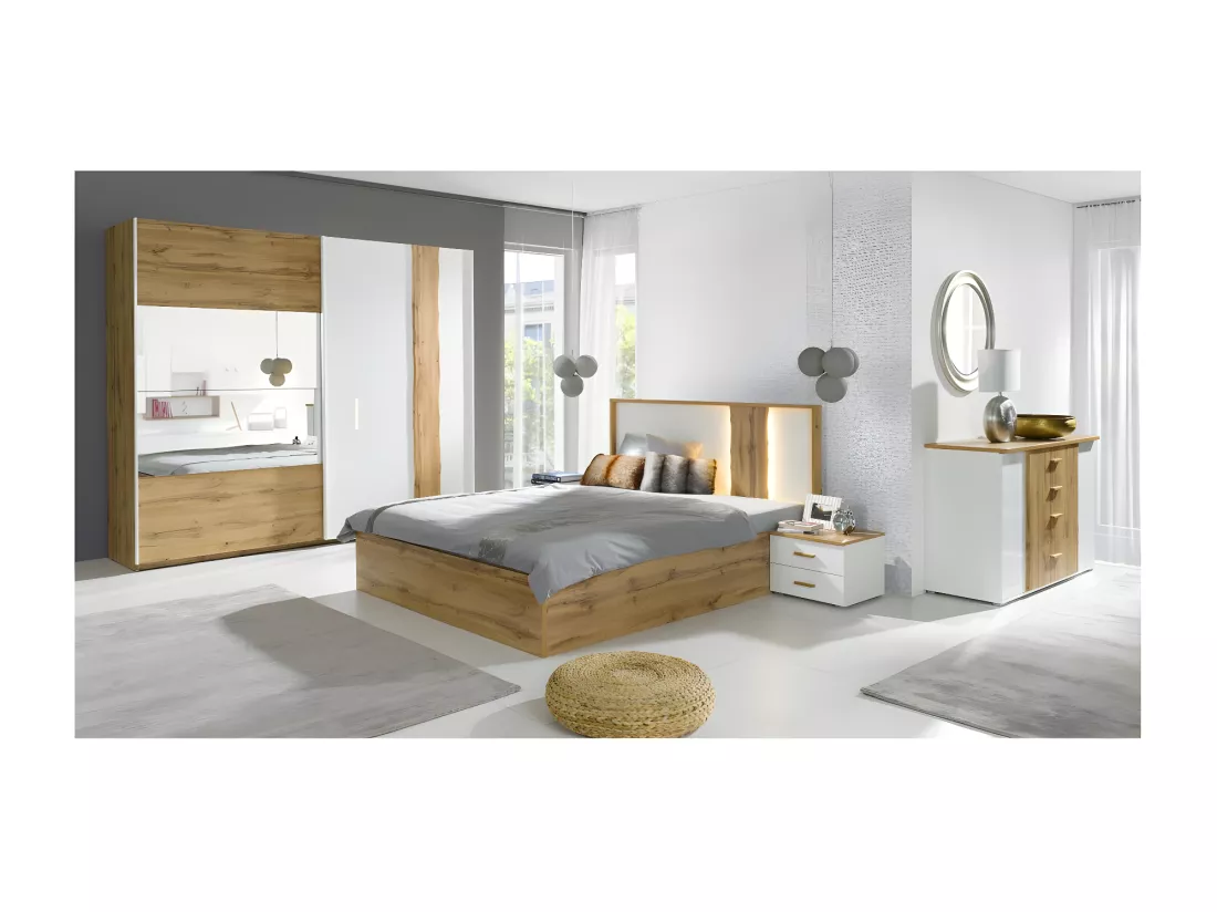 Armoire 250 cm WOOD 2 portes coulissantes avec miroir coloris chêne et blanc